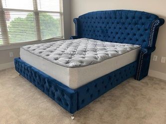 💎 Luxury Diamond Tufted  Blue Upholstered Bed Frame with Nailhead Trim Headboard | King & Queen Sizes Platform bed • Opt Mattress | Cash on Delivery