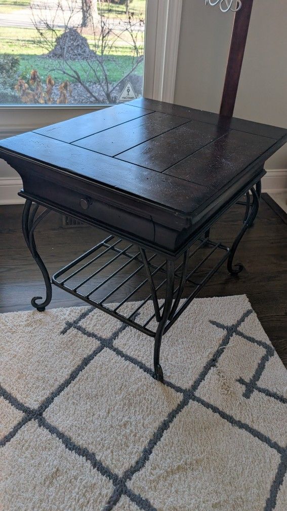 Dark Wood & Iron Accent Side Table – Excellent Condition