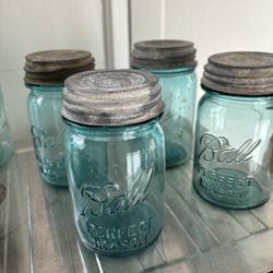 Vintage 8 x Cobalt Blue Glass Ball Mason Jars with 2 iron caddies