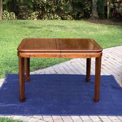 Vintage Chinoiserie Solid Wood Asian Dining Table With 2 Extension Leaves