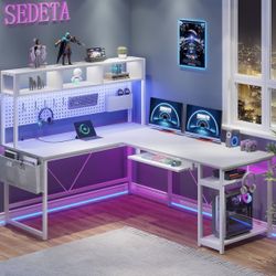 New 67” L-Shaped Gaming Desk – LED Lights, USB Ports, Drawers – Retails $250-299