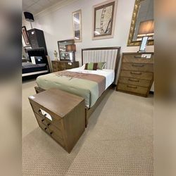 4PC Wooden Brown Bedroom set with Upholstered headboard High headboard