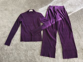 Deep Purple Plisse Pleated 2 Piece Set Mock Neck Long Sleeve Top & Wide Leg Pants Co-ord size:free