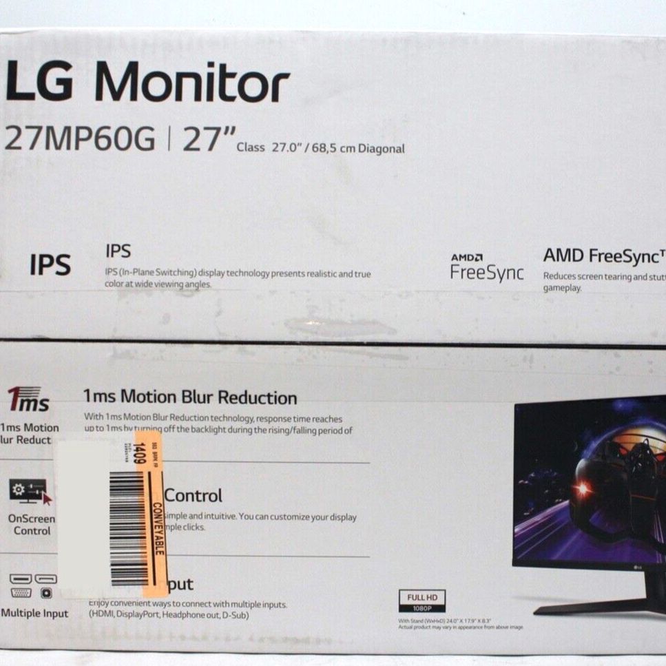 NEW LG 27MP60G 27" Full HD (1920 x 1080) IPS Monitor with AMD FreeSync and 1ms MBR