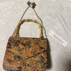 Bambo Handle Light Brown Purse With Flower Detail New With Tags 