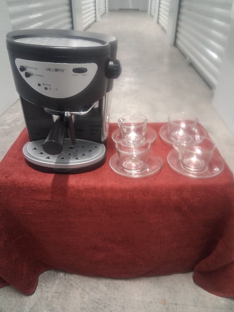 NEW "MR COFFEE" ESPRESSO OR CAPPUCCINO MAKER WITH CERAMIC MUGS OR GLASS CUPS WITH SAUCERS FROM FRANCE, GREAT SETUP!!!