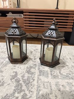 Set of 2 Decorative Metal Lanterns with LED Candles – 13” Tall