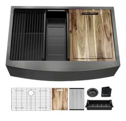 Glacier Bay 33 in. Farmhouse/Apron-Front Single Bowl 18 Gauge Gunmetal Black Stainless Steel Workstation Kitchen Sink=Pal-41