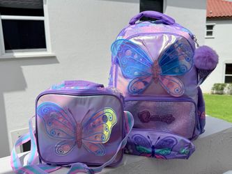 Girls Purple Butterfly Glitter Large Backpack Set Lunch Bag Pencil Case