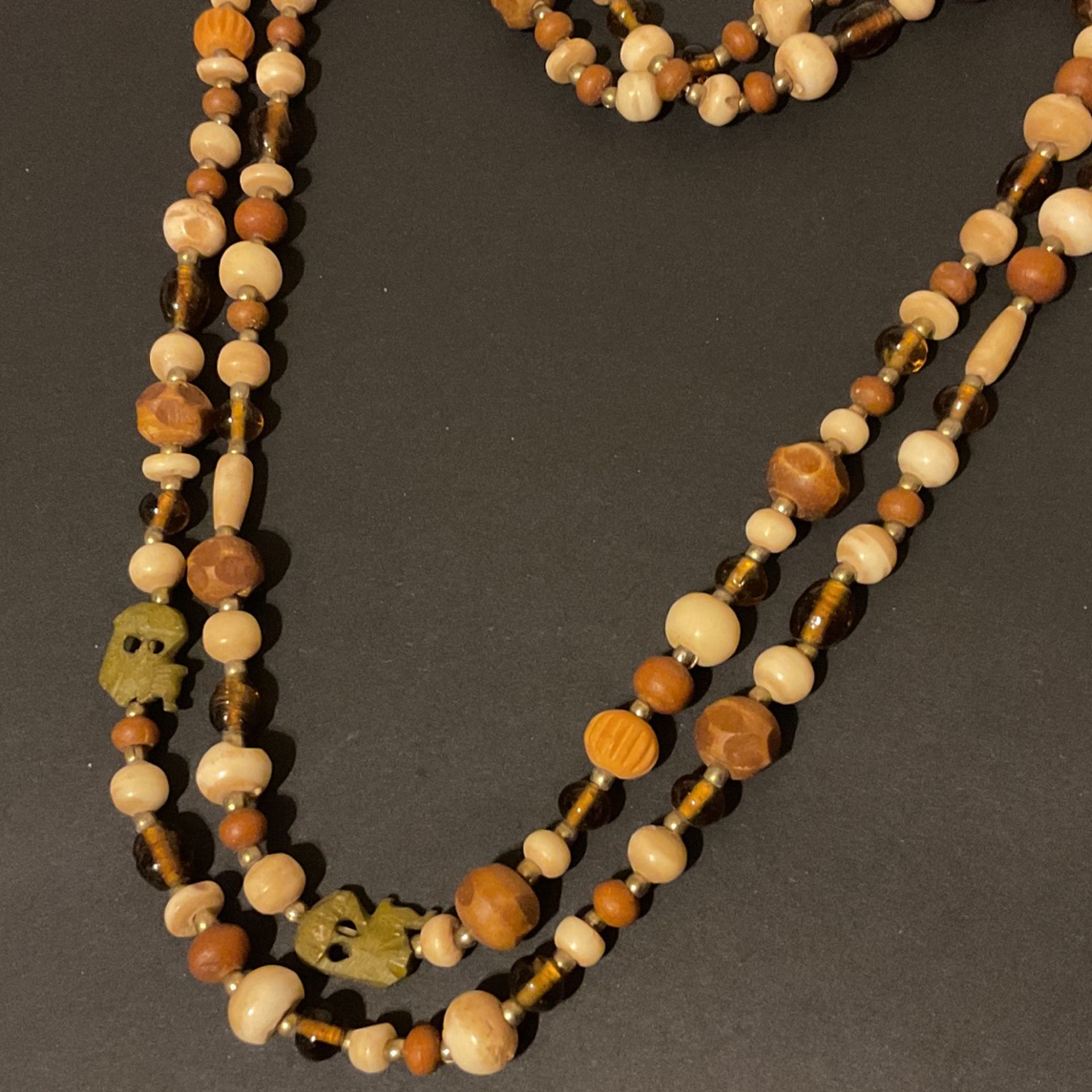 44” Vintage Solid Wood,Glass Amber,and Stone Beaded Necklace With Green Tribal Designs