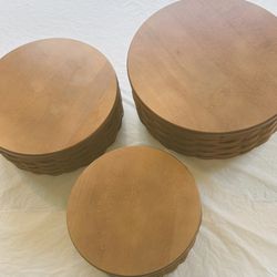 Longaberger 2007 Decorative Handmade Round Keeping Basket w/ Longaberger Custom Made Wooden Lid, Plastic Basket Protector/Storage w/ Lid  - VGC (Lot o