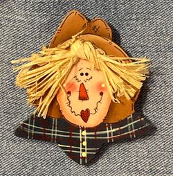 Vintage scarecrow pin 1990s hand painted wood with raffia autumn fall accessory