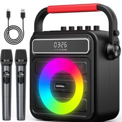 Karaoke Machine for Adults & Kids, w/ 2 Wireless Microphones & Bass/Treble Adjustable Portable Bluetooth Speaker PA System w/RGB LED Lights SYNC Melod