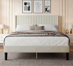 Upholstered Platform Bed with Tufted Headboard, Queen, Beige