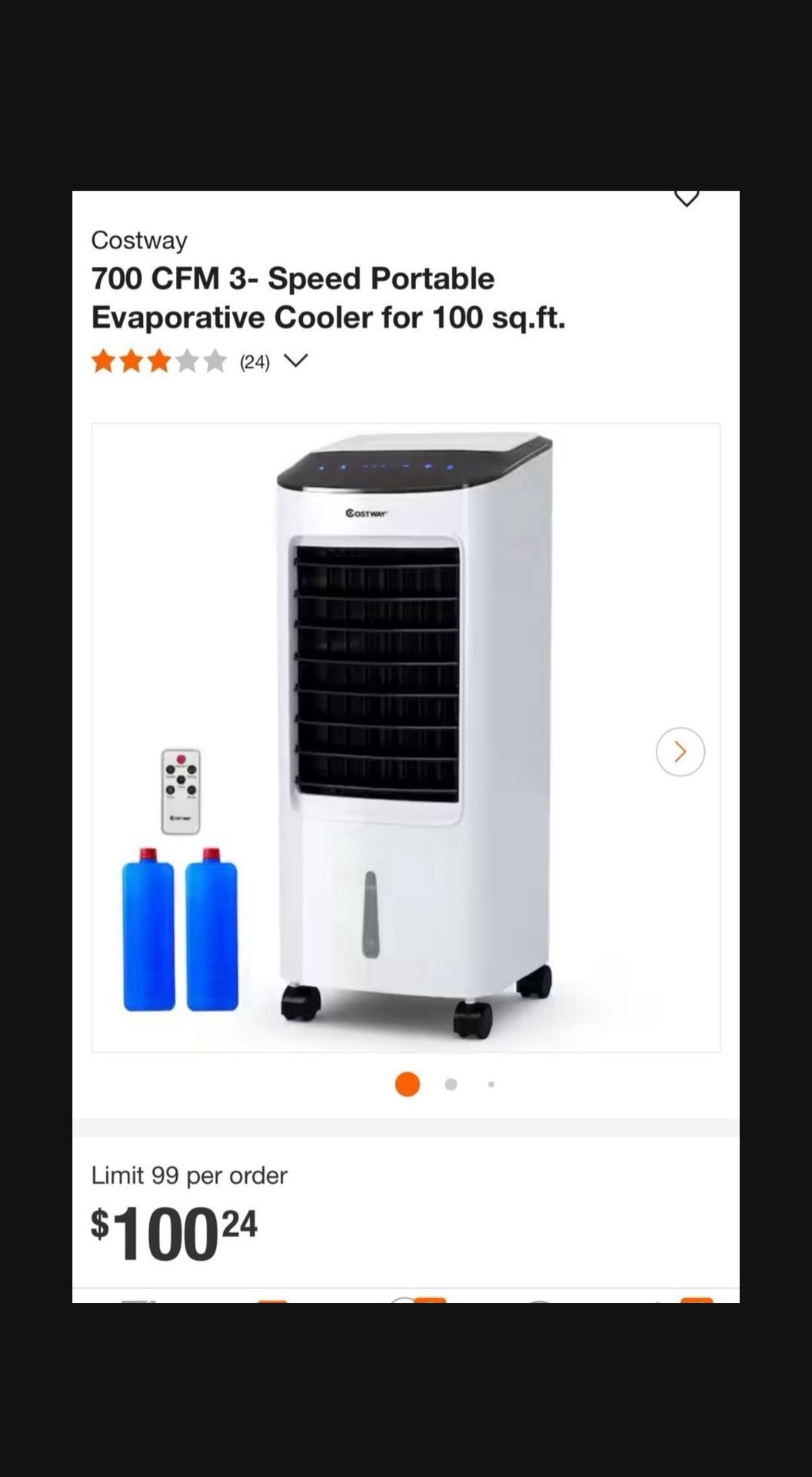 Costway 700 CFM 3- Speed Portable Evaporative Cooler for 100 sq.ft.