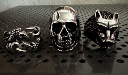 3 Stainless Steel Skull, Wolf, Talon Rings