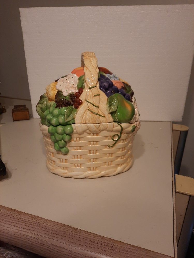 Vintage Ceramic Canister basket with fruit and vegetables on lid