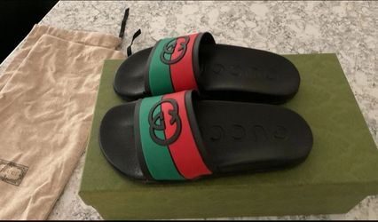 Gucci Woman’s GG Logo Web Stripe Slide Sandals Black/Red/Green EU 39