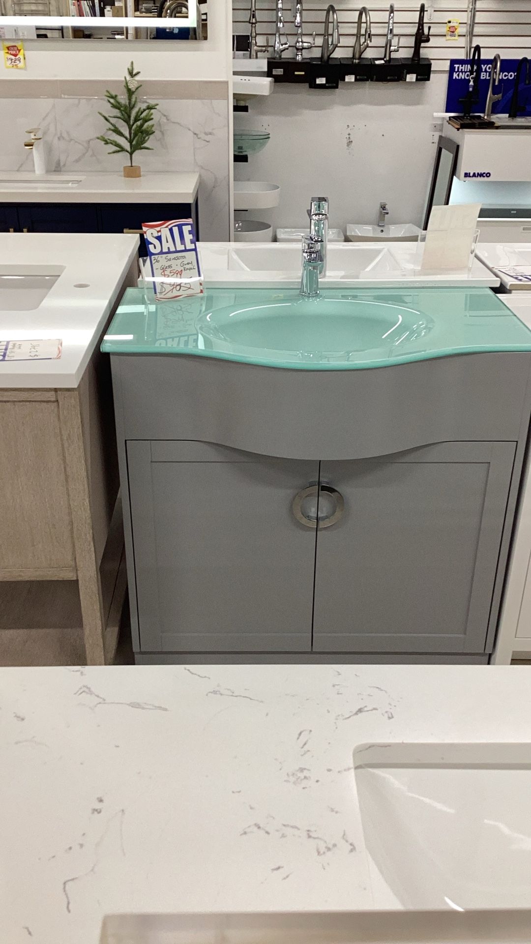36” Glass Top Bathroom Vanity Solid Wood Fully Assembled Soft Closing Doors