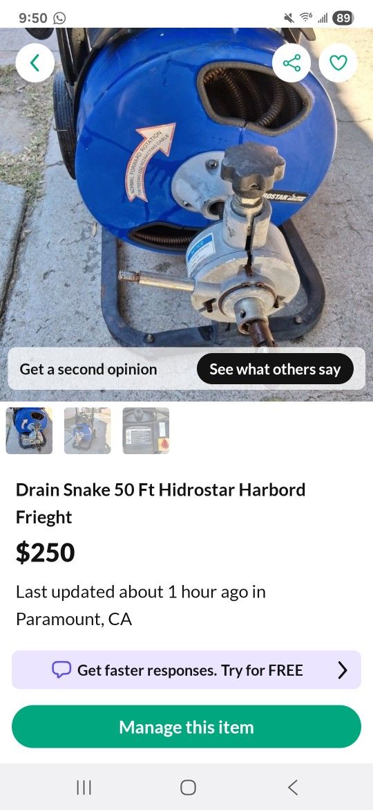 Drain Snake 50 Ft Hidrostar Frieght 