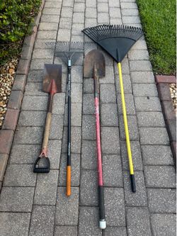 Garden Tool Lot Rakes and Shovels (Metal Rake, Plastic Rake, flat shovel, round shovel).