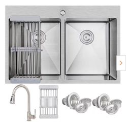 Handmade All-in-One Drop-in Stainless Steel 33 in. x 22 in. Drying Rack with Pull-down Faucet Double