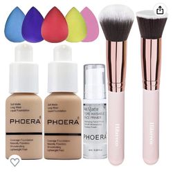 PHOERA Foundation 104 and 105 & Face Primer, Liquid Full Coverage Foundation Set, Foundation Brush Powder Brush