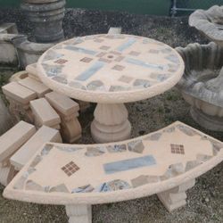 Concrete Mosaic Picnic Table with 3 Benches/ Outdoor Patio Furniture