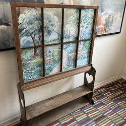 Vintage upcycled hand-painted garden scene on an 8 pane old window frame +Base