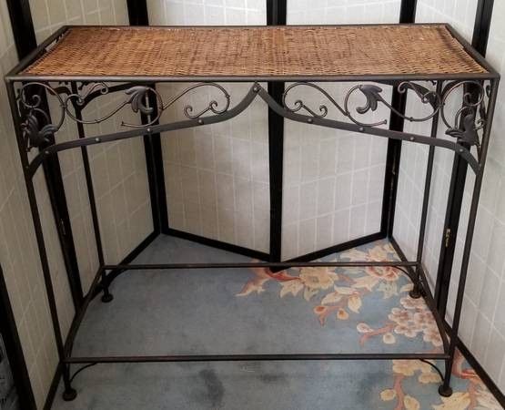 Contemporary Woven Wicker and Wrought Metal Console Table