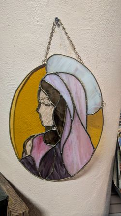 Vintage Stained Glass Madonna Wall Hanging Oval Religious Art Decor Display Piece