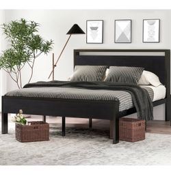14 Inch Full Size Metal Platform Bed Frame with Wooden Headboard and Footboard, Mattress Foundation, No Box Spring Needed, Large Under Bed Storage, No