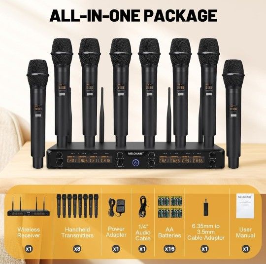 New In Box 8 Microphone Wireless Set Fpr Karaoke Band Dj Kj