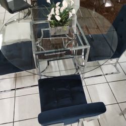 Dinning Table Velvet Blue Chairs Glass Top