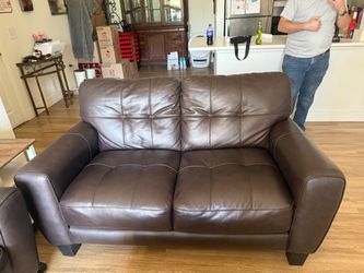 Brown Leather Loveseat and Couch