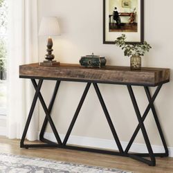 J0407 55 Inch Console Table, Farmhouse Sofa Table Wood Entryway Table with Unique Metal Base, Behind The Couch Table Foyer Table, Industrial Accent Ta