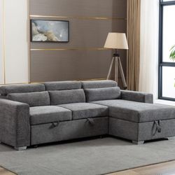 Brand New Gray Linen Convertible Sectional With Sofa Bed And Storage Chaise