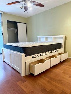 Queen Solid Wood Bed With 3 Drawers And Mattress $740