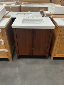30” Brown Solid Wood Bathroom Vanity with Engineered Marble Top (V121)