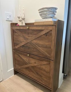 Farmhouse Wood Shoe Cabinet with Flip Doors