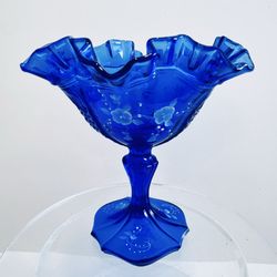 Fenton Colonial Blue Art Glass Candy Dish Compote Cabbage Rose Hand Painted Sign