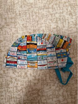 New- License Plate Print Scrub Cap with Teal Ties