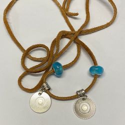 Boho Charm Necklace Blue Beads Cord Necklace Pre Owned