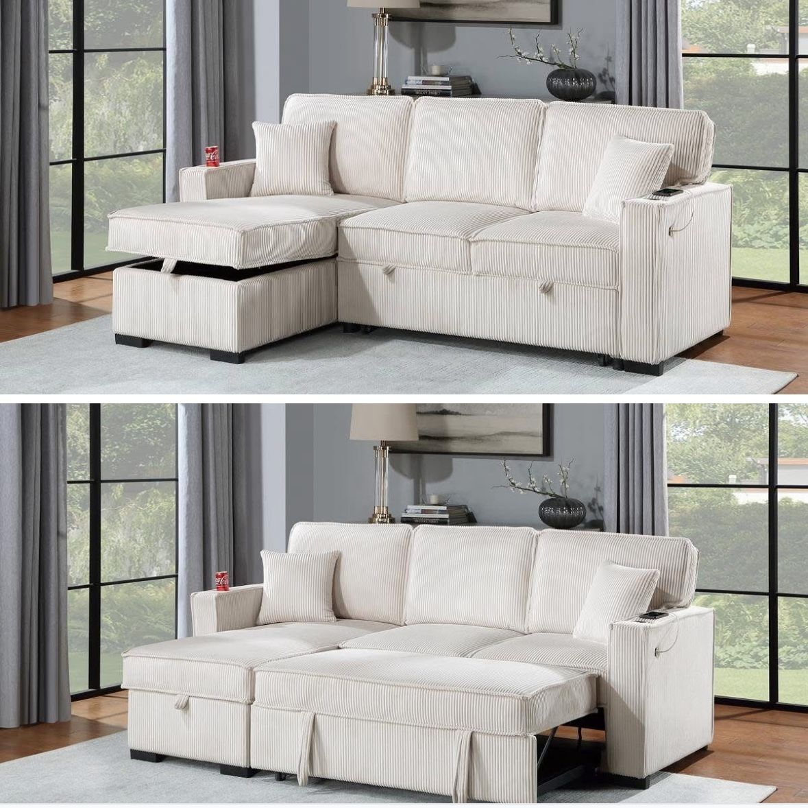 $369. 2-PCConvertible Sectional Sleeper Sofa W/ Cupholder Sofa Storage & USB Ports 89”x 59”X36”H