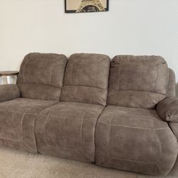 Suede Reclining Sofa Couch (92” W x 40” H x 33” D ) 