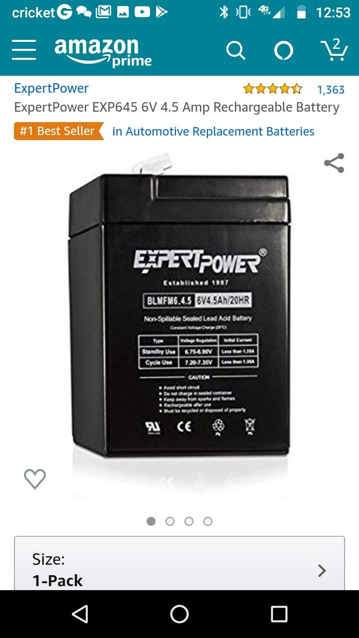 ***BRAND NEW & NEVER EVEN UNPACKAGED***6 volt battery (for ride on toys, scooters, lanterns & etc...)