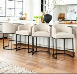 26" H Counter Height Bar Stools Set of 4  Linen Fabric Upholstered Accent Barstools for Kitchen Island, Beige
