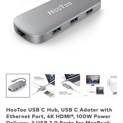 HooToo USB C Hub, USB C Adater with Ethernet Port, 4K HDMI®, 100W Power Delivery, 3 USB 3.0 Ports for MacBook Pro & Google Chromebook & and More Type