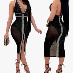 Medium PORRCEY Women's Sexy Elegant Rhinestone Mesh See Through Bodycon Party Club Night Prom Dress