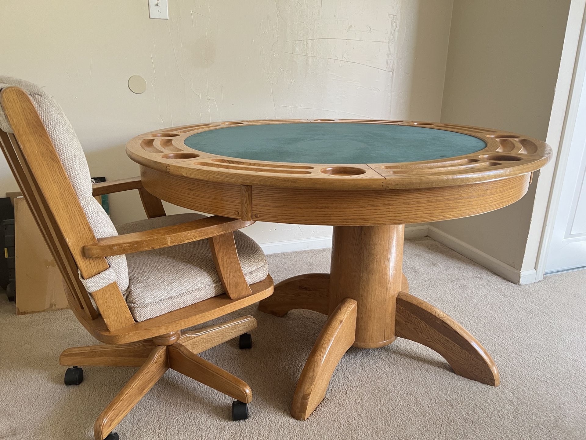 Large 52” wide Oak Table with Gaming/Crafting/Dining Surfaces plus 4 Swivel Chairs